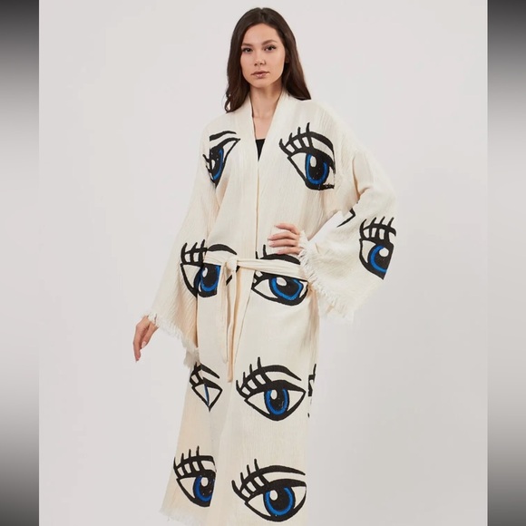 Handcrafted THIRD EYE 🪬🧿 ORGANIC KAFTAN Robe Cover Up Evil Protection Kimono - Picture 9 of 12